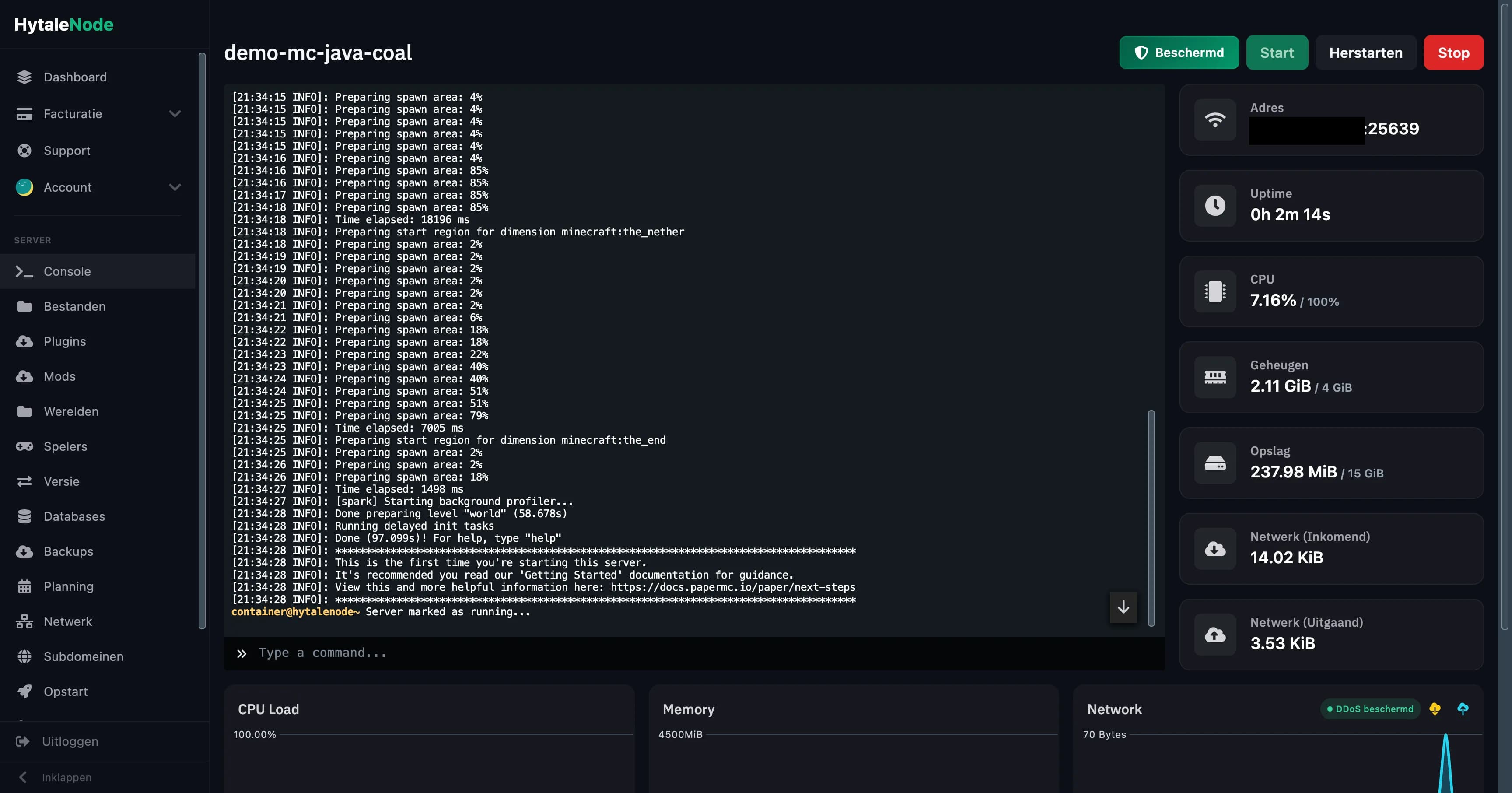 Server console met DDoS detectie