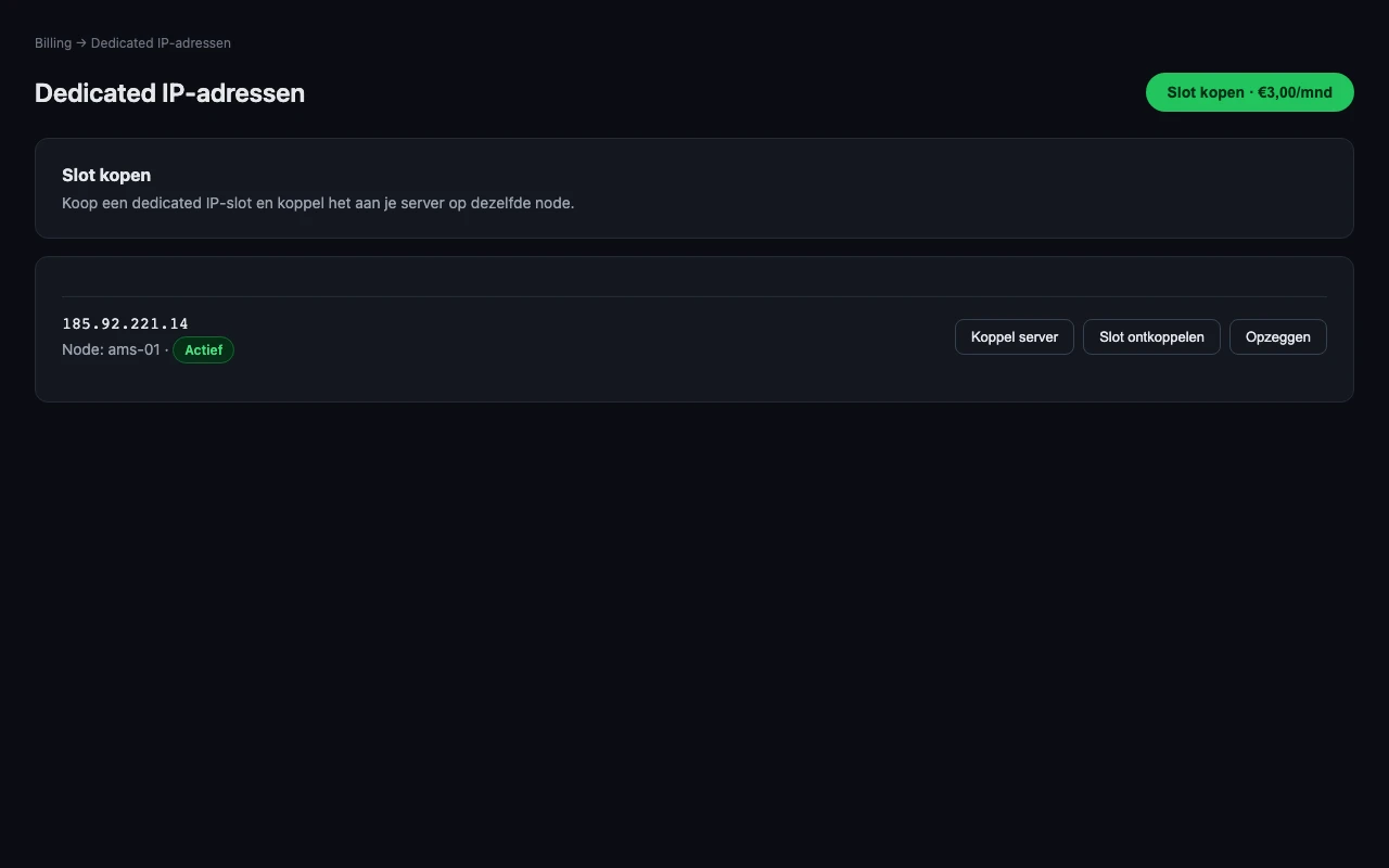 Dedicated IP overzicht in het panel