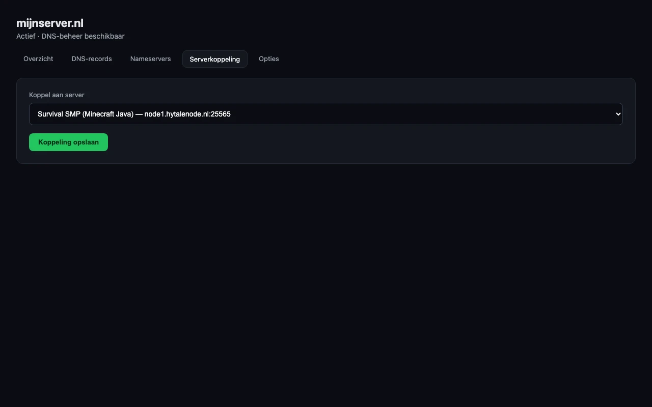 Serverkoppeling tab in het panel